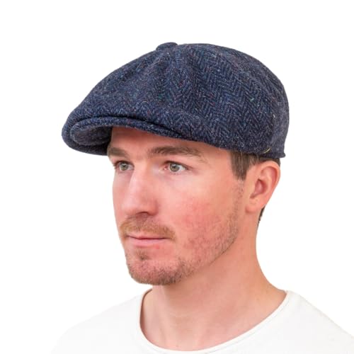 Hatman of Ireland Men's Donegal Tweed 8 Piece Cap Irish Newsboy Hat, Made in Ireland - color: Navy, size: X-Large