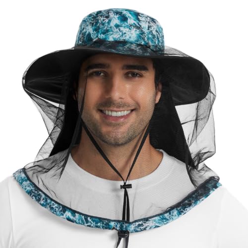 BASSDASH UPF 50+ Mosquito Sun Hat with Hidden Head Net and Neck Flap for Men Women Outdoor Fishing Hiking Camping - color: Ocean Camo