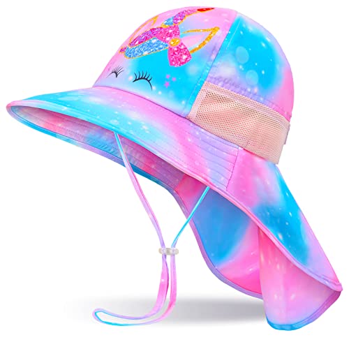 Girls Sun Hat for Kids UV Protection Unicorn Summer Hat Beach Play Hats Wide Brim Neck Flap for Girls Ponytail Hat 2-9 Years - color: Purple Unicorn