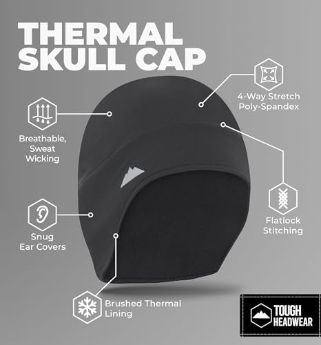 Tough Headwear Thermal Skull Cap - Moisture-Wicking Running Beanie - Snug Fit Ski Helmet Liner - Lightweight Cycling Cap - color: Black + Grey (2 Pack)