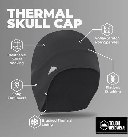 Tough Headwear Thermal Skull Cap - Moisture-Wicking Running Beanie - Snug Fit Ski Helmet Liner - Lightweight Cycling Cap - color: Black + Grey (2 Pack)