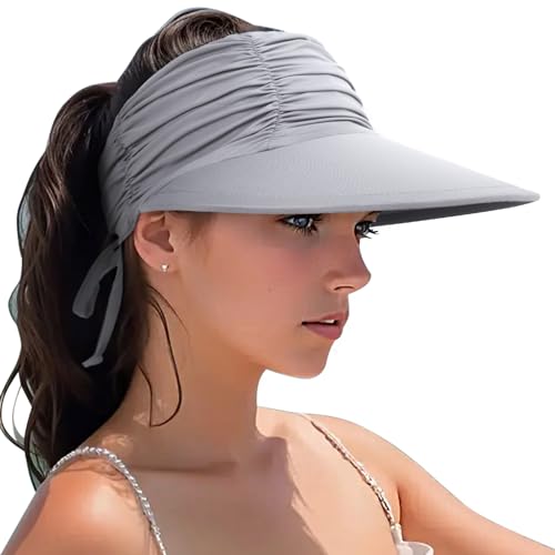 Women Visor Sun Hat Adjustable Foldable Wide Brim Sun Hats Summer UPF 50+ UV Protection Visor Cap for Outdoor Beach - color: Light Grey a