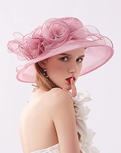 Women Derby Fascinator Hat Organza Church Wedding Hats Wide Brim Cocktail Tea Party Hat - color: 12 Pink