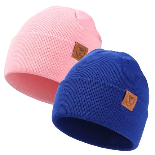 OZERO Beanie for Men and Women, Double-Layer Cuffed Knit Winter Hat - color: Blue+pink