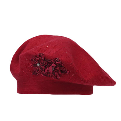 Flower Embroidery Beret Hat for Women, French Style Knitted Beret Hats, Stylish Solid Color Beret Cap for Women Girls Lady - color: Wine Red 2 Flowers