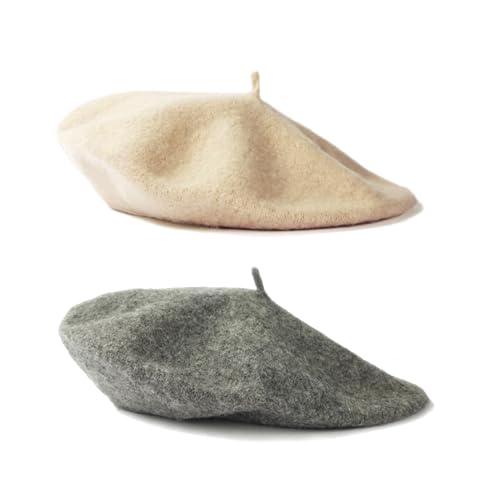 2 Pieces Beret Hat Women French Wool Beret Solid Color Beret Cap - color: Gray+beige