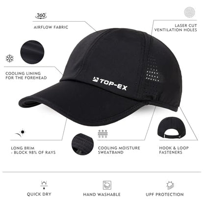 TOP-EX Men's Baseball Cap Cooling Running Hat UPF 50 for Big Head Soft-Top - color: Stealth Black, size: Medium-Large