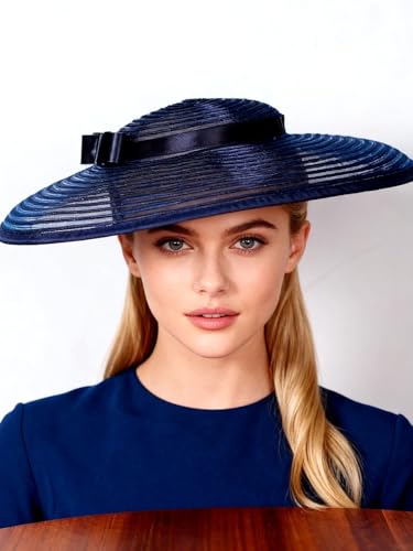 Vintage Fascinators Pillbox Hat for Women Straw Fedora Wide Brim Ladies Church Sinamay Derby Hats - color: Navy 2