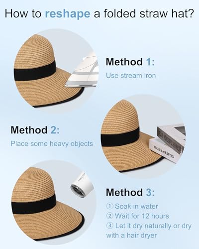 Sun Straw Hats for Women, Wide Brim Summer Beach Hat - color: Khaki Black, size: Large