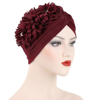 Flower Pre-Tied Turban Beanie, Soft Chemo Cap for Women Cancer Hair Loss - color: Wine