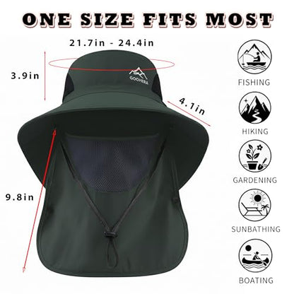 Sun Hat for Men & Women, Breathable Wide Brim Outdoor Fishing Hat with Face Cover & Neck Flap - color: Dark Green