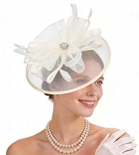 Zinniday Victoria Tea Party Hat - Vintage 1920s 50s Feather Mesh Kentucky Hat 2026 Derby Fascinator for Funeral Church Prom - color: Biege