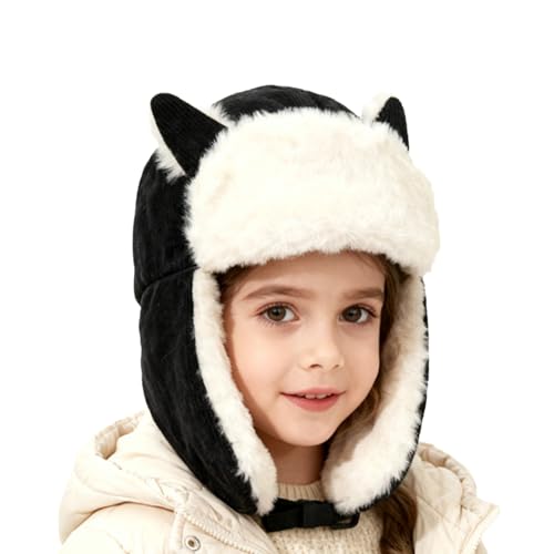 PURFUN Kids Fuzzy Faux Fur Trapper Hats with Cat Ear, Girls Boys Windproof Cozy Earflap Hats Ushanka Ski Caps for 3-8 Yrs - color: Black
