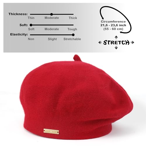 Beret - Warm Lined Wool Angora Knit Berets - French Paris Hat for Women - color: Red