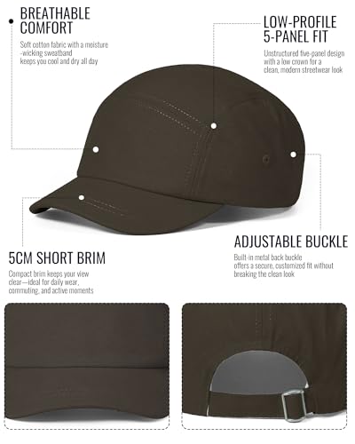 CLAPE Short Brim 5 Panel Hat, Low Profile Breathable Cotton Cap - color: Bs25dy07-brown