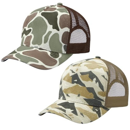 Suede Curved Brim Trucker Cap Adjustable Snapback Hat Mesh Back Breathable for Men Women 2 Pack SH03 - color: Pack of 2, Color Block Camo & Mountain Camo