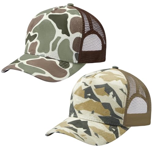 Suede Curved Brim Trucker Cap Adjustable Snapback Hat Mesh Back Breathable for Men Women 2 Pack SH03 - color: Pack of 2, Color Block Camo & Mountain Camo