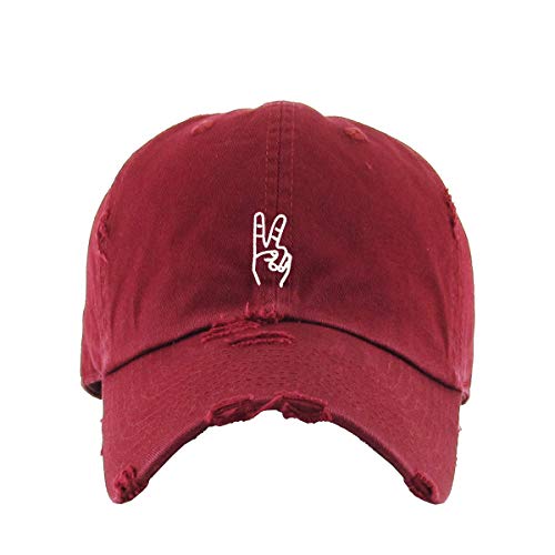 Peace Sign Vintage Baseball Cap Embroidered Cotton Adjustable Distressed Dad Hat - color: Maroon