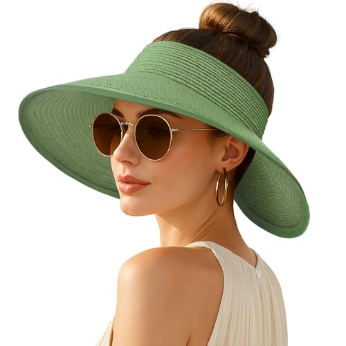 Women's Sun Visor Hats Wide Brim Straw Beach Hat Ponytail Hats for Women Foldable Floppy - color: 1pack-green
