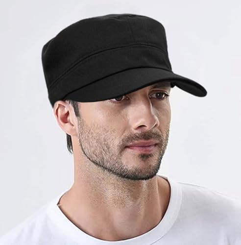 Washed Cotton Flat Top Military Cap for Unisex - color: Black