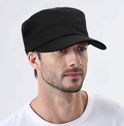 Washed Cotton Flat Top Military Cap for Unisex - color: Black