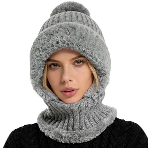 AQOKKA 3 in 1 Knit Fleece Lined Beanie Hat with Scarf and Mask Warm - color: Grey