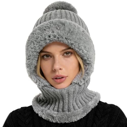 AQOKKA 3 in 1 Knit Fleece Lined Beanie Hat with Scarf and Mask Warm - color: Grey