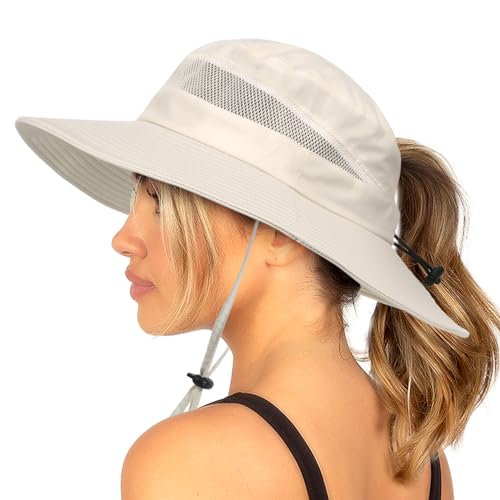 Bucket Sun Hat for Women Wide Brim Breathable Mesh UPF50+ Safari Hat Criss Cross Ponytail Hole Outdoor Rain Hat - color: Beige