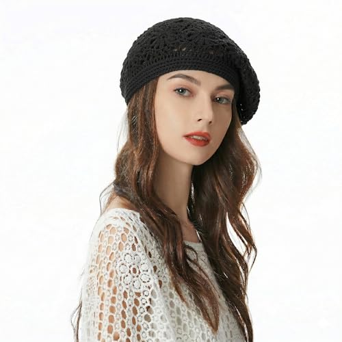 ZLYC Women Cotton Slouchy Crochet Beret Handmade Cutout Floral Beanie Hat - color: Plain Black