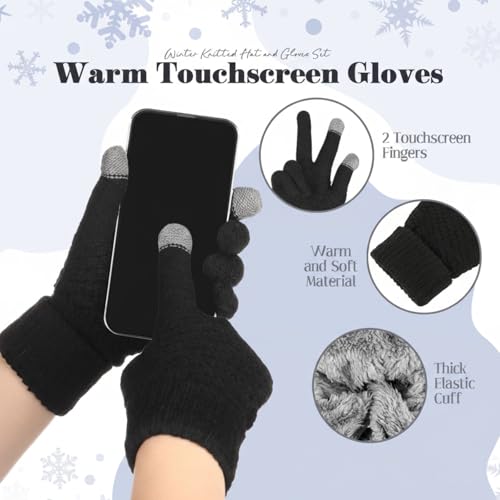 Womens Winter Fleece Lined Knitted Beanie Hat Glove Set, Warm Pom Pom Beanie Knit Cap Touchscreen Gloves for Women - color: Black