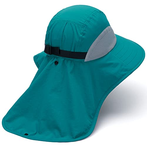 BASSDASH UPF 50+ Unisex Water Resistant Wide Brim Sun Hat with Large Neck Flap Ponytail Fishing Hat for Men Women - color: Lake Green