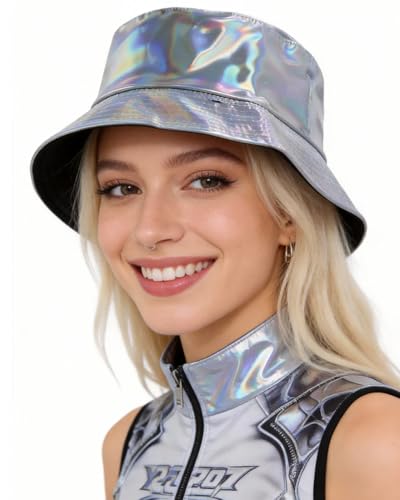 BOLLEY JOSS Unisex Holographic Bucket Hat Reversible Double-Side-Wear Bucket Hat Waterproof Outdoor Travel Sunhat Punk Hats - color: Silver-pu, size: Medium