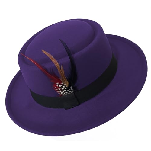 Classic Pork Pie Hat with Feathers Flat Top Fedora, Vintage Panama Hats, Warm Comfortable Jazz Cap - color: Deeppurple