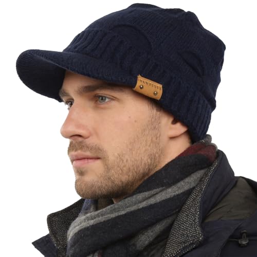 Winter Beanie with Visor - Stylish Knit Hat with Bill - Thick Brimmed Beanies with Fleece Lining Men and Women - color: B327-blue