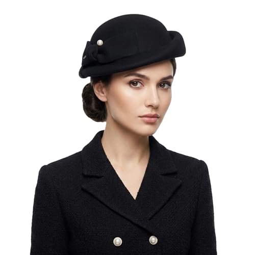 Vintage Wool Felt Cloche Bucket Bowler Hat Women Church Wedding Fascinator Formal Dress Hat Winter Fedoras - color: Black