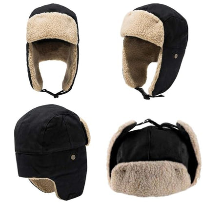 Peicees Trapper Hat with Fur Ear Flaps Russian Ushanka for Men Women Winter Snow Hat for Cold Weather Aviator Cap Warm - color: Black