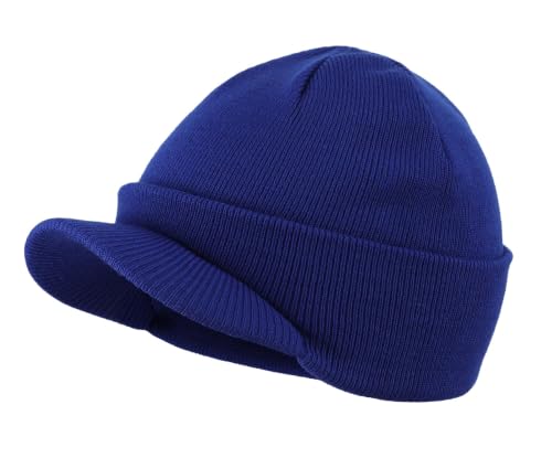 Home Prefer Men's Winter Beanie Hat with Brim Warm Double Knit Cuff Beanie Cap Watch Radar Hat - color: Bright Royal