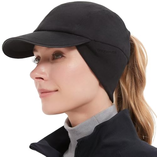 GADIEMKENSD Women's Winter Reflective Fleece Ponytail Hat with Drop Down Ear Warmer - color: Black
