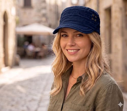 D&Y Unisex 100% Cotton Military Cadet Hat - Distressed Frayed Flat Top Cap - Adjustable Everyday Patrol Hat - color: Navy