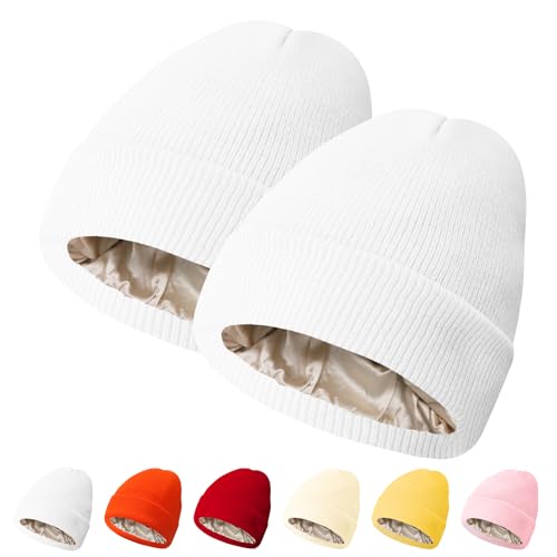 PFFY Womens Satin Lined Beanie Silk Lining Winter Hats Beanies for Women - color: White+white