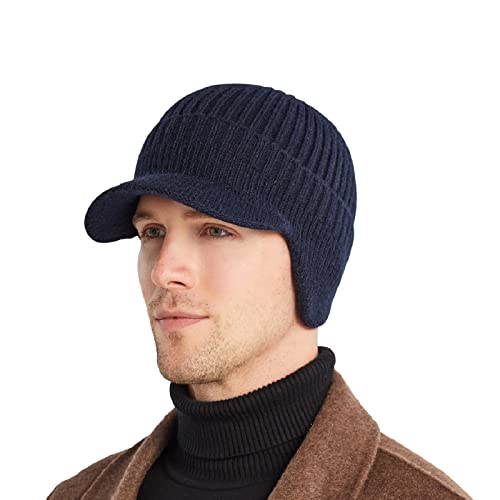 Men's Winter Hat with Brim, Warm Earflaps Hat for Men, Thick Fleece Lined Knit Winter Beanie Outdoor - color: Navy Blue