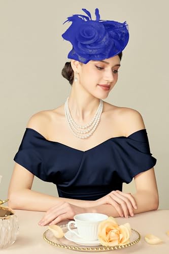 BABEYOND Fascinators Hats for Women Tea Party Mesh Flower Pillbox Derby Hat - color: Royal Blue