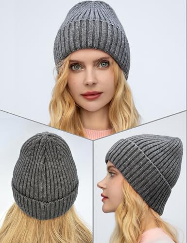 Satin Lined Wool Acrylic Blend Beanie Hat Women Men, Winter Knit Cap - color: Gray