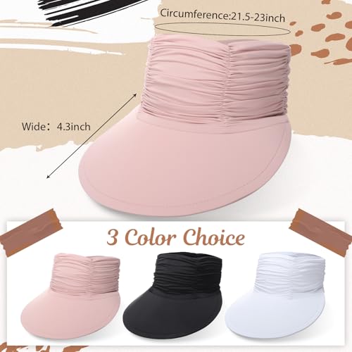 Skicuff 3 Pack Women Sun Visor Hat, Wide Brim Summer Sun Hats UV Protection Beach Ponytail Cap for Golf Hiking Sports - color: Black, White, Pink
