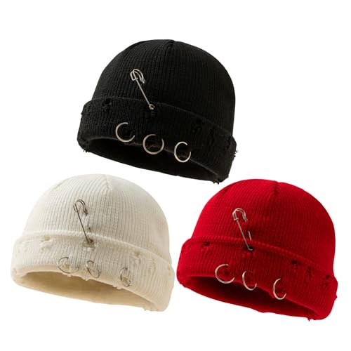 Unisex Adult Hip-hop Distressed Beanie with Iron Ring Punk Grunge Knitted Ripped Hat - color: 3 Pcs B