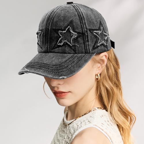 Retro Washed Distressed Baseball Cap with Five Pointed Stars for Women Men - color: Black
