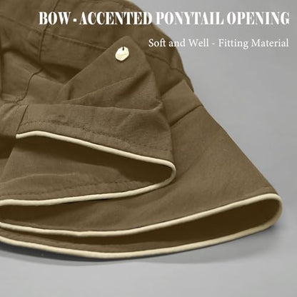 Women's Foldable Wide Brim Bowknot Bucket Hat Sun Protective - color: Brown