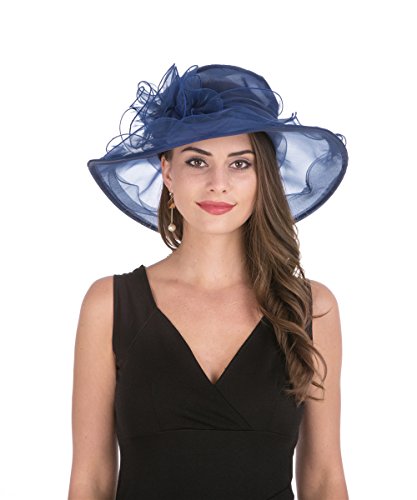 Haojing Women's Organza Church British Fascinator Bridal Tea Party Wedding Hat Summer Ruffles Cap - color: Hjh-navy Blue Flower