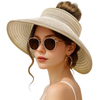 Sun Hats for Women Wide Brim Straw Sun Visors Ponytail Hat - color: Beige White Stripe