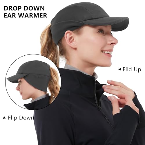 GADIEMKENSD Women's Winter Reflective Fleece Ponytail Hat with Drop Down Ear Warmer - color: Dark Gray, size: 7-7 1/8